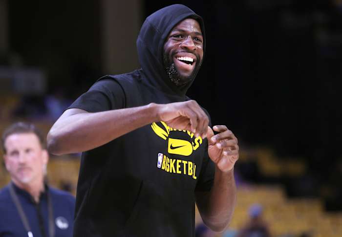 May 11, 2022; Memphis, Tennessee, USA; Golden State Warriors forward Draymond Green warms up before game five of the second round for the 2022 NBA playoffs against the Memphis Grizzlies at FedExForum. Mandatory Credit: Joe Rondone-USA TODAY Sports